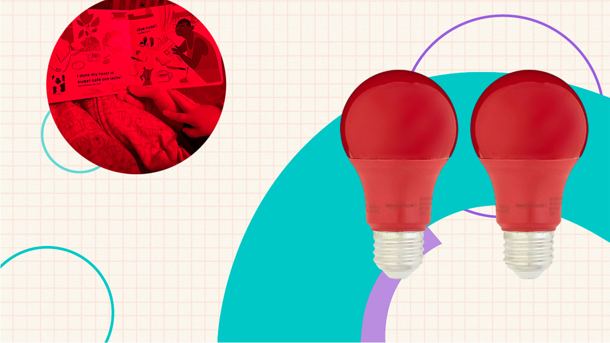 Red light bulb inlayed with a photo of a mom reading a book in a red room