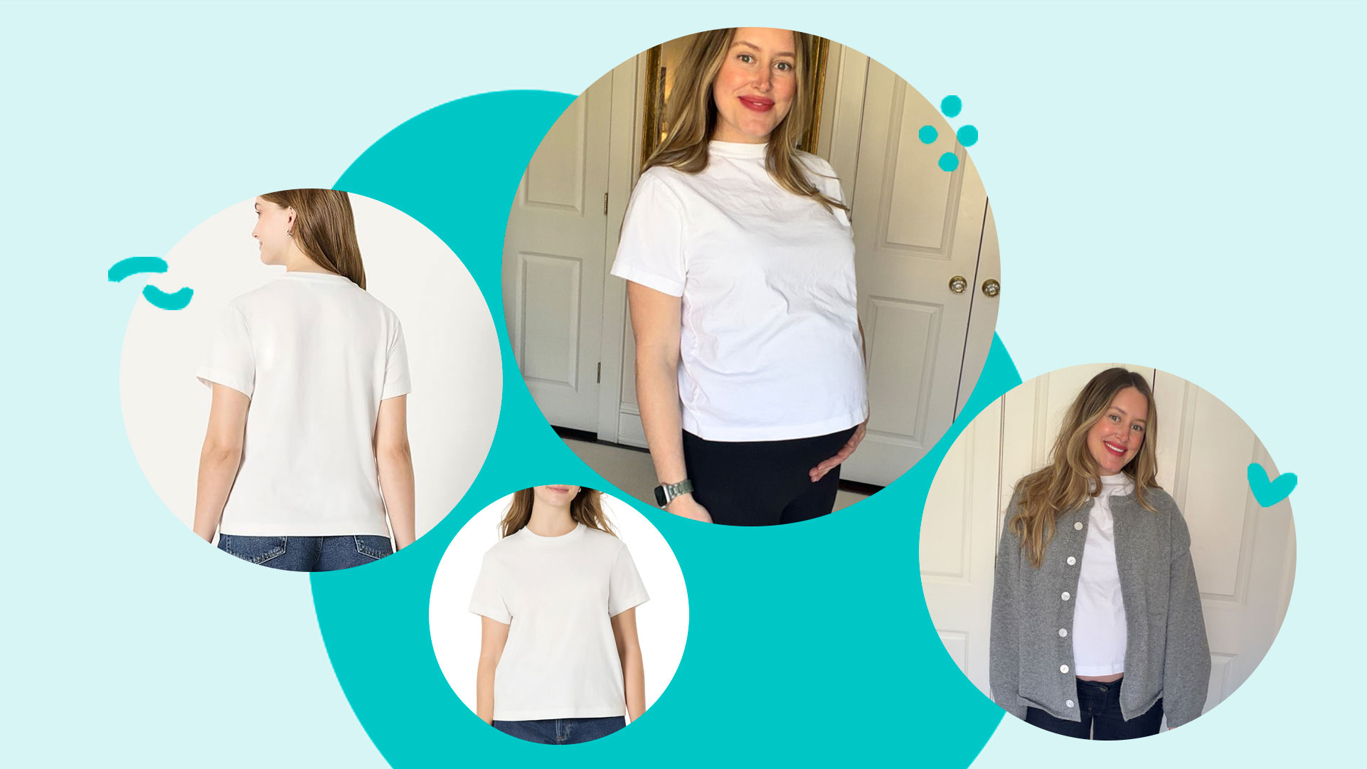 Pregnant woman wearing a white Amazon Essentials T shirt with a relaxed fit over her bump