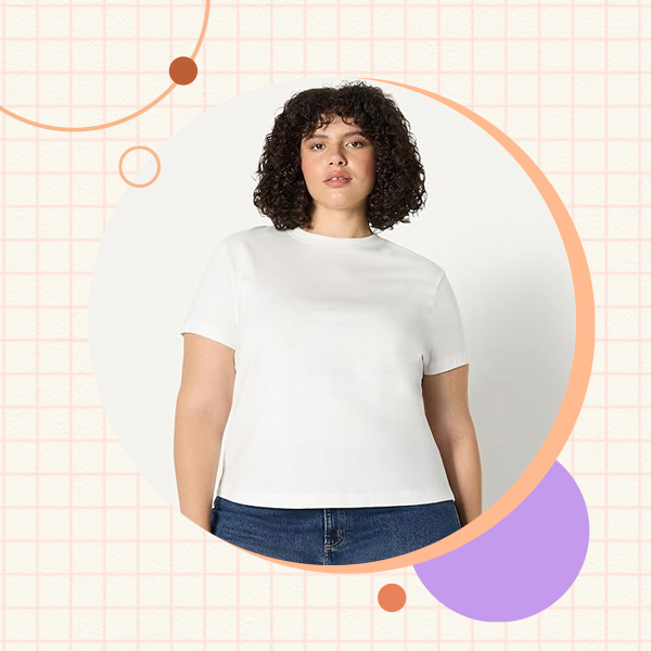 Amazon Essentials white crewneck T shirt shown as an affordable pregnancy friendly wardrobe staple