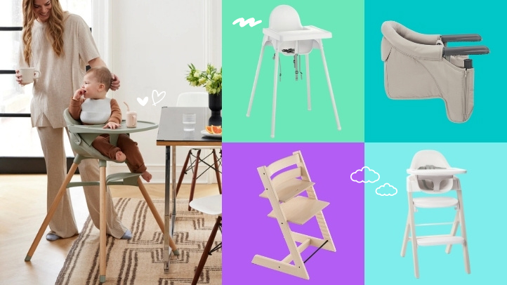 Collage of the best high chairs featuring Lalo, Stokke, IKEA, Inglesina, and Mockingbird 