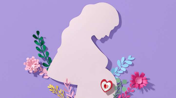 Silhouette of a pregnant woman with flowers and a heart on a purple background