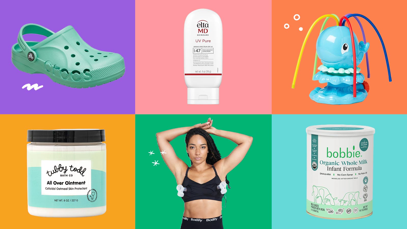 Memorial Day Weekend Baby Deals Collage Featuring Crocs, Elta MD sunscreen, A Whale-Shaped Sprinkler, Tubby Todd, Bodily Pumping Bra, and Bobbie Formula, 