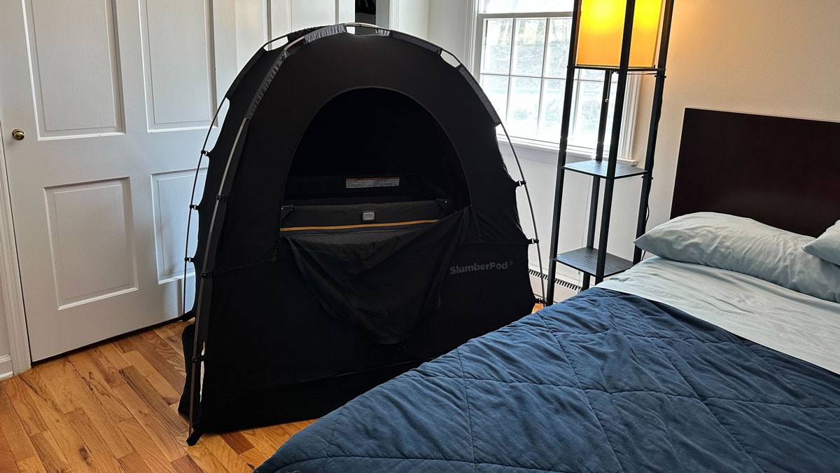 Slumberpod set up in a guest room