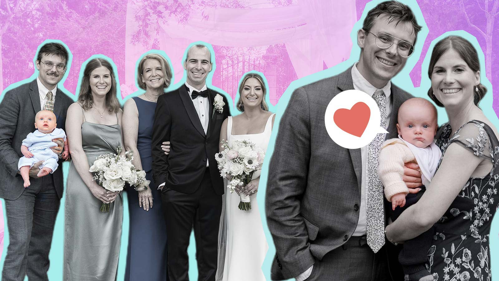 photo illustration of a mom with her newborn baby and family members at a wedding